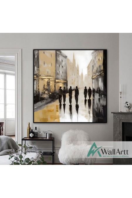 Abstract Street Chat Textured Partial Oil Painting - Wall Art