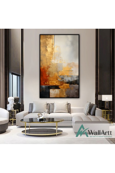 Gold Foil and Orange Textured Partial Oil Painting - Wall Art