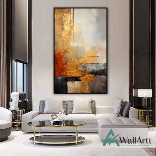 Gold Foil and Orange Textured Partial Oil Painting - Wall Art