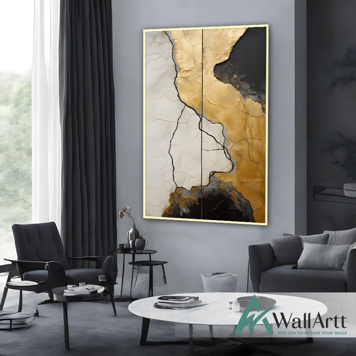 Abstract Gold River Textured Partial Oil Painting - Wall Art