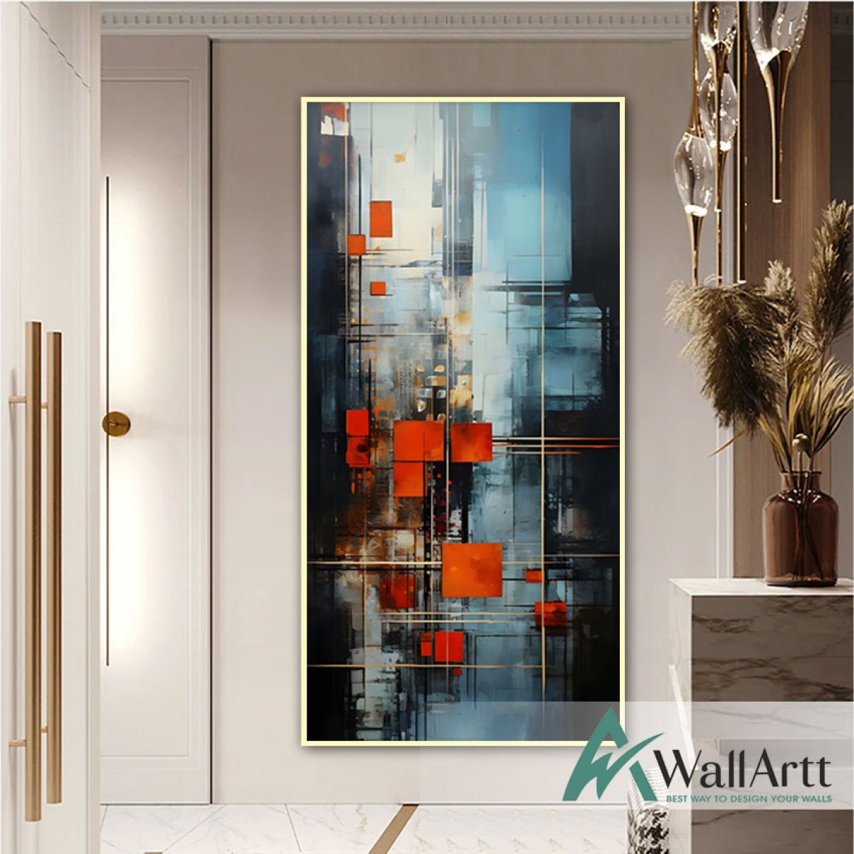 Abstract Orange Square Textured Partial Oil Painting - Wall Art