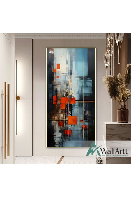 Abstract Orange Square Textured Partial Oil Painting - Wall Art