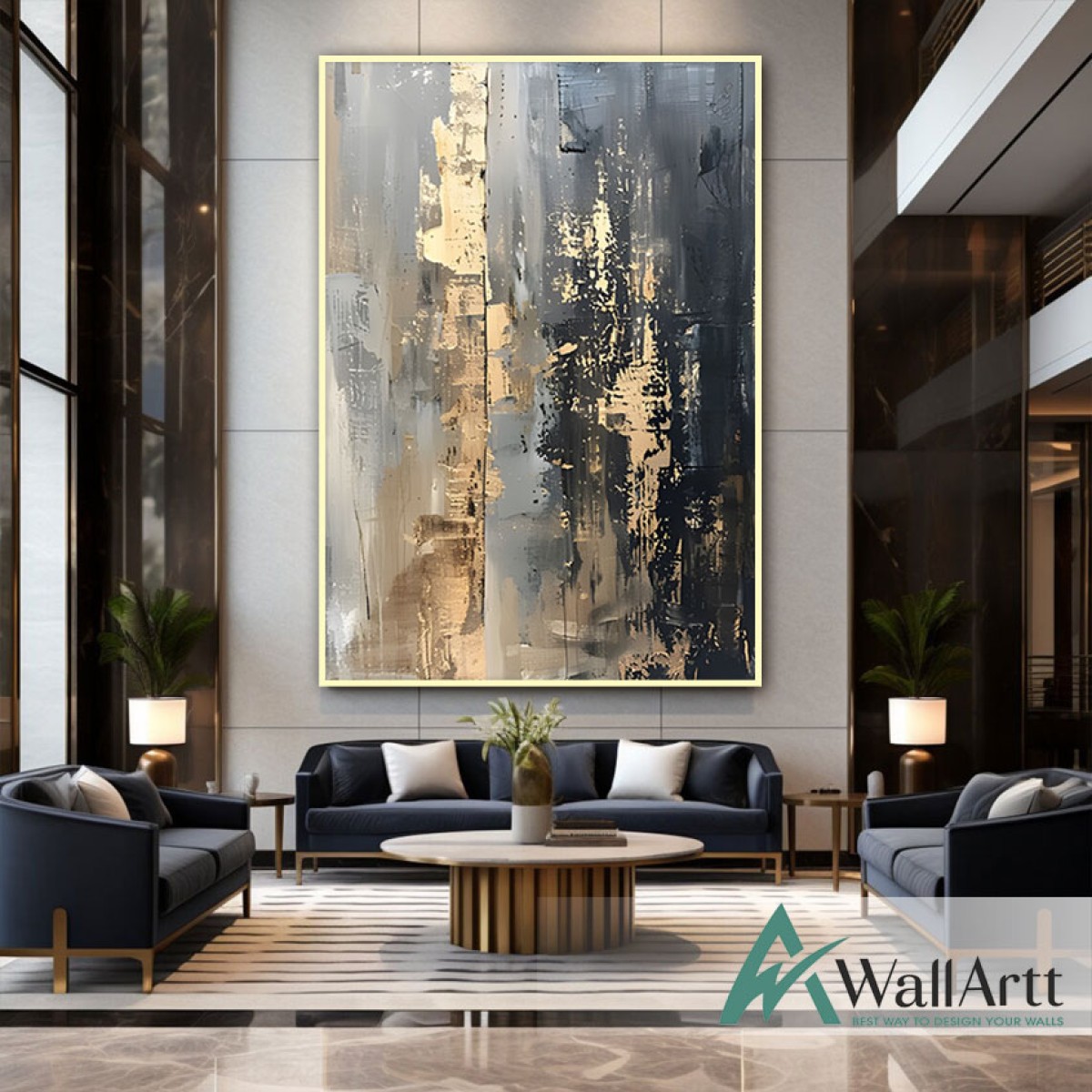 Gold Foil on Black II Textured Partial Oil Painting - Wall Art