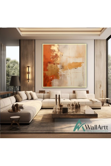 Gold Foil on Orange Abstract Textured Partial Oil Painting - Wall Art