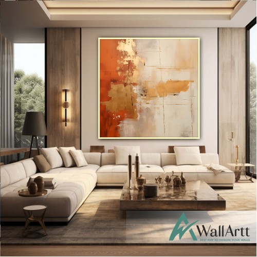 Gold Foil on Orange Abstract Textured Partial Oil Painting - Wall Art