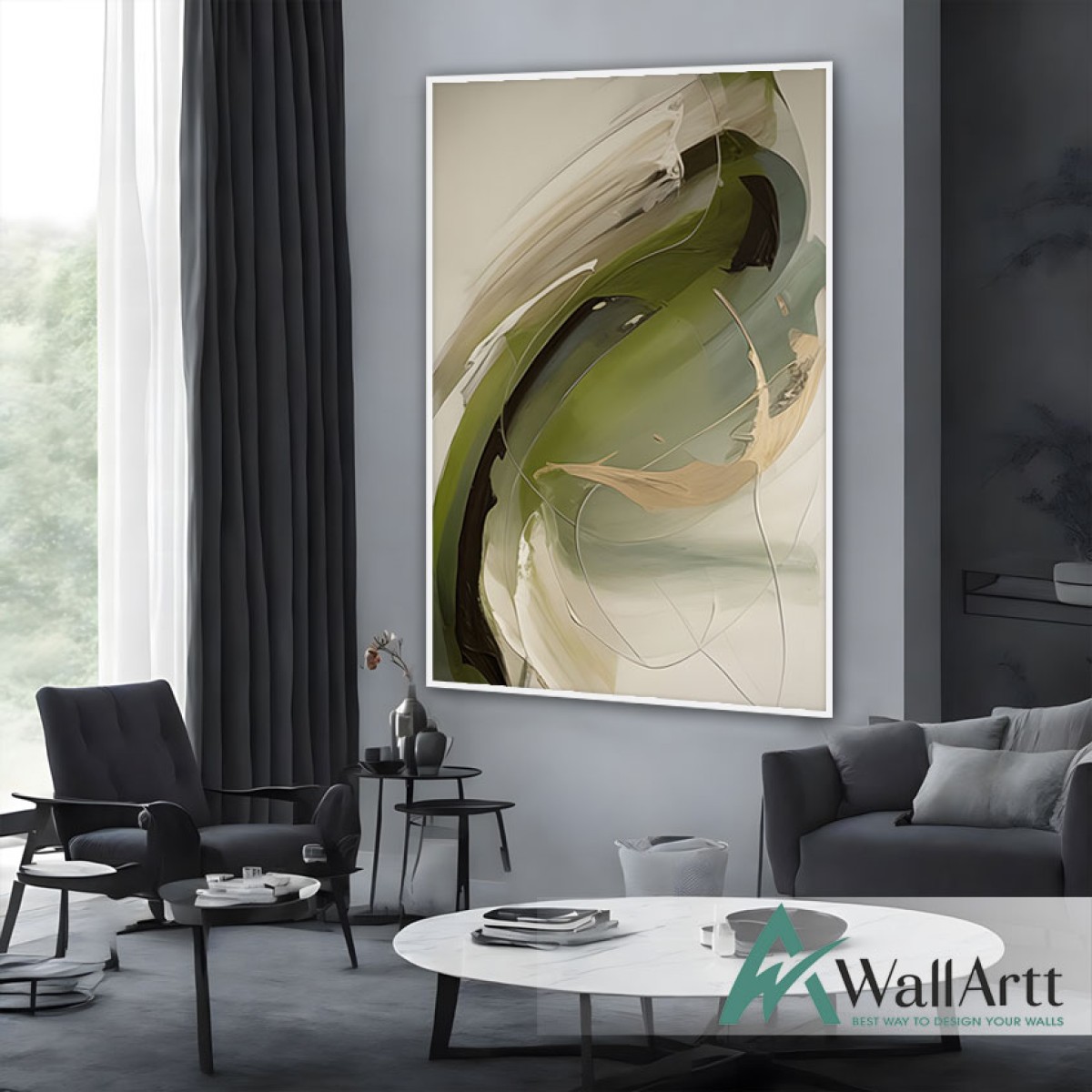 Abstract Green Beige Textured Partial Oil Painting - Wall Art