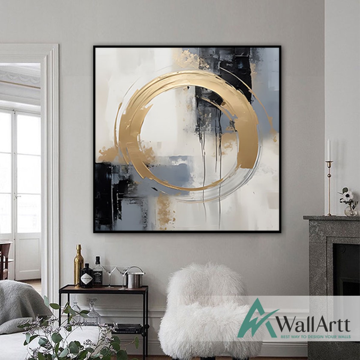 Gold Foil Circle Textured Partial Oil Painting - Wall Art