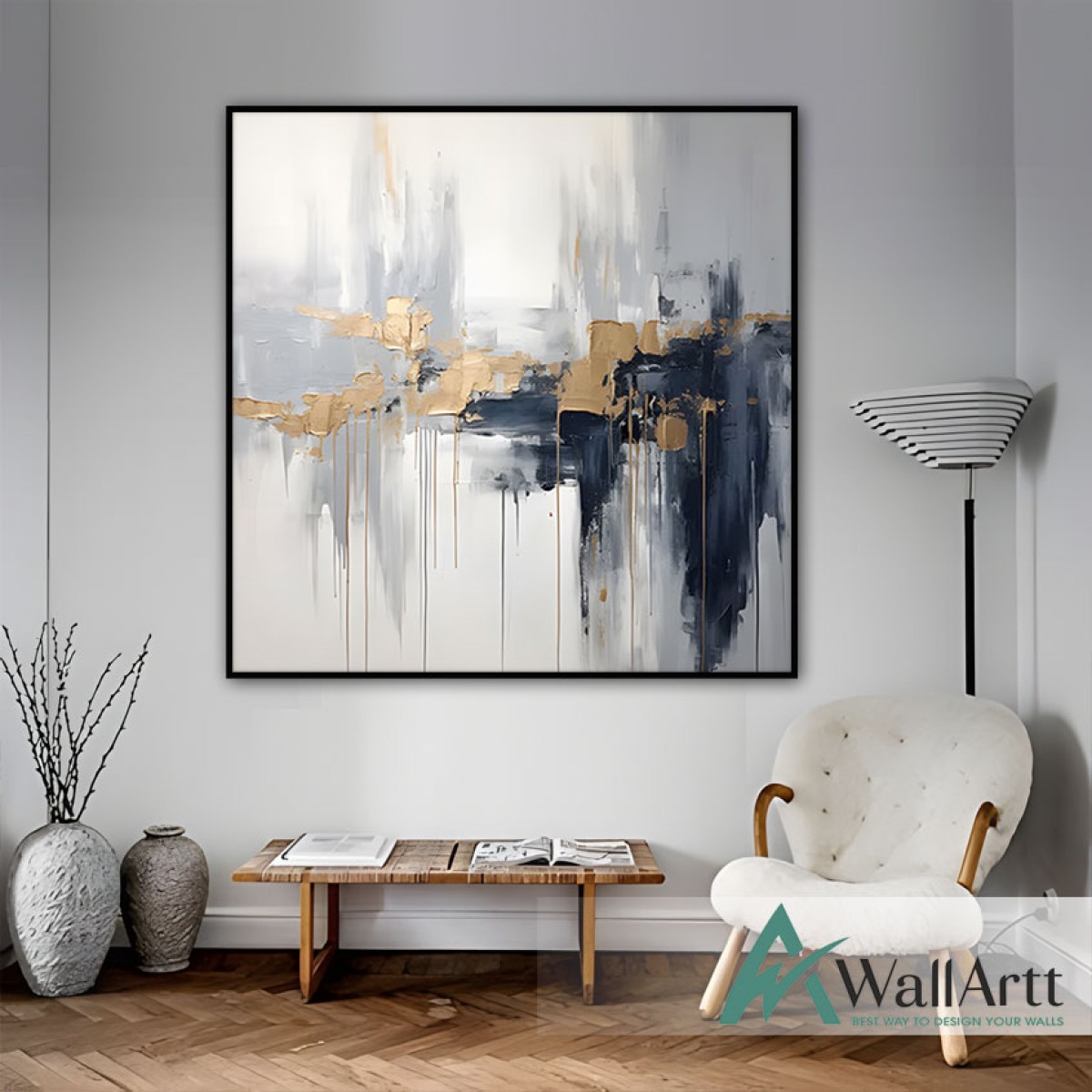 Abstract Gold Stream Textured Partial Oil Painting - Wall Art