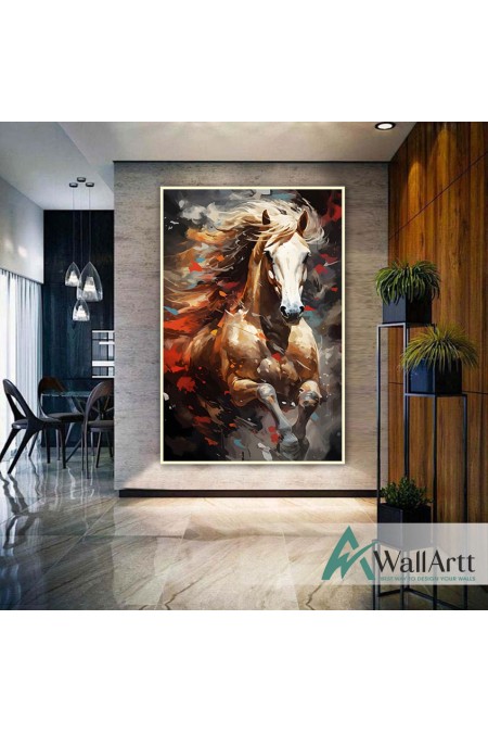 Orange Maned Horse Abstract Textured Partial Oil Painting - Wall Art