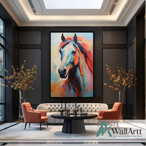 Abstract Orange Blue Horse Textured Partial Oil Painting - Wall Art