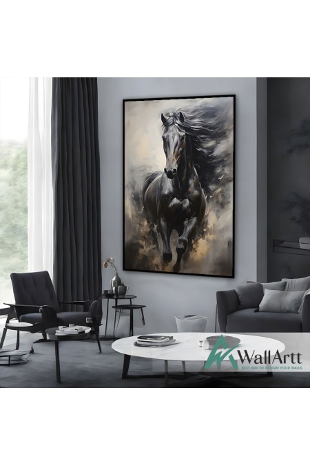 Black Horse Textured Partial Oil Painting - Wall Art