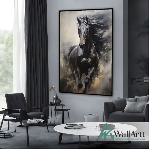 Black Horse Textured Partial Oil Painting - Wall Art