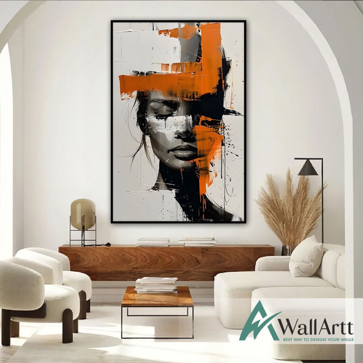 Abstract Orange Woman Textured Partial Oil Painting - Wall Art