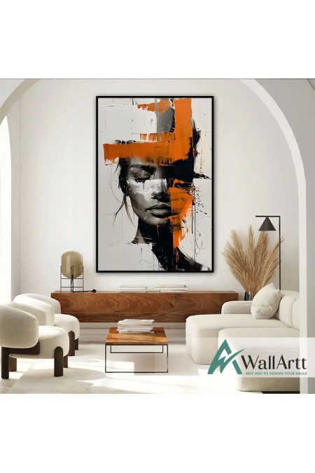 Abstract Orange Woman Textured Partial Oil Painting - Wall Art