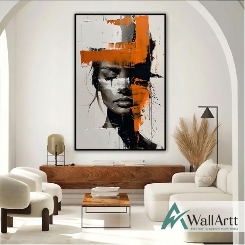 Abstract Orange Woman Textured Partial Oil Painting - Wall Art