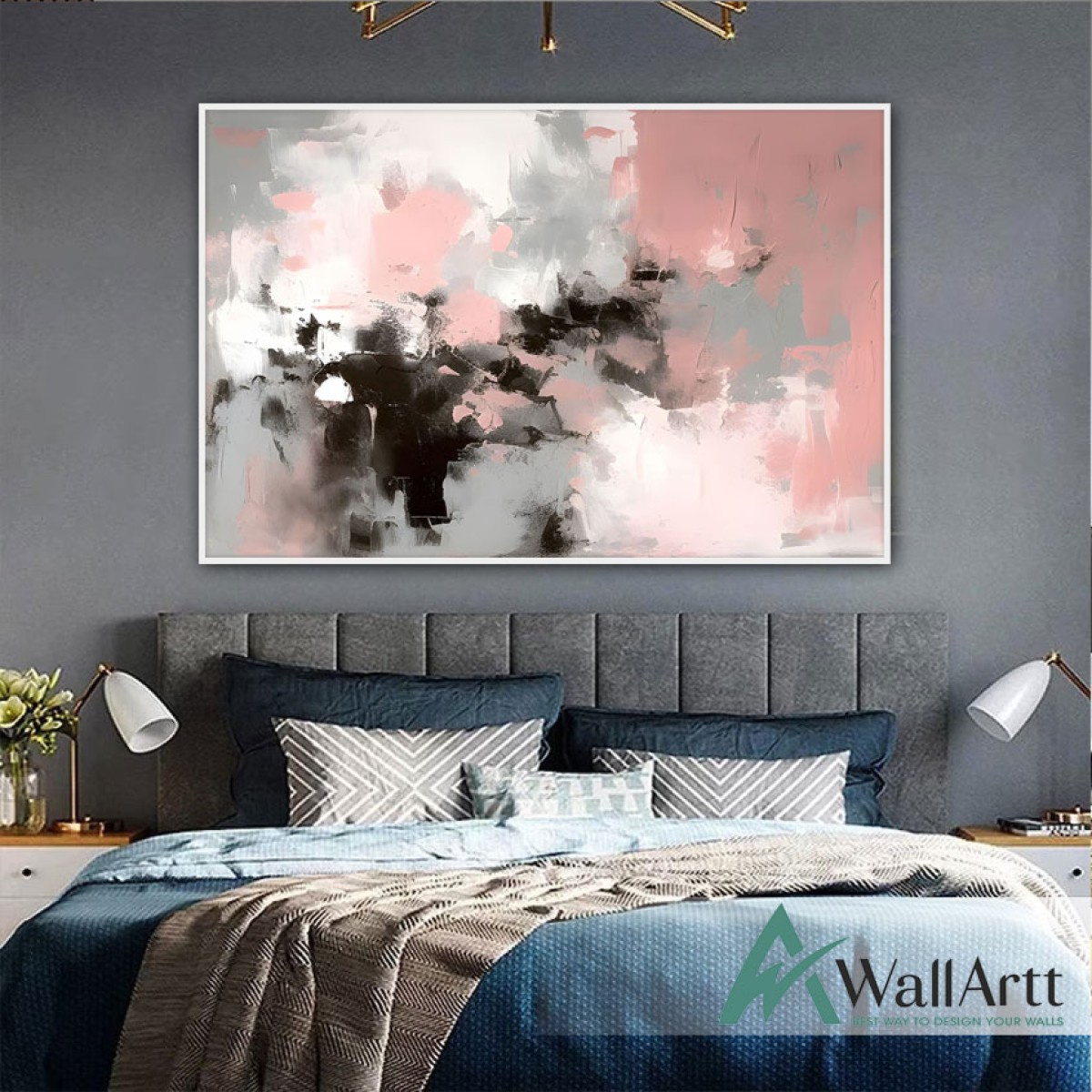 Abstract Light Pink Textured Partial Oil Painting - Wall Art