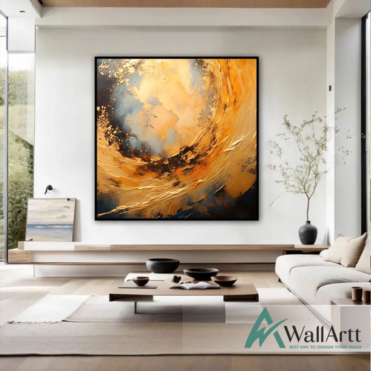 Abstract Orange Gold Wave II 3d Heavy Textured Partial Oil Painting - Wall Art