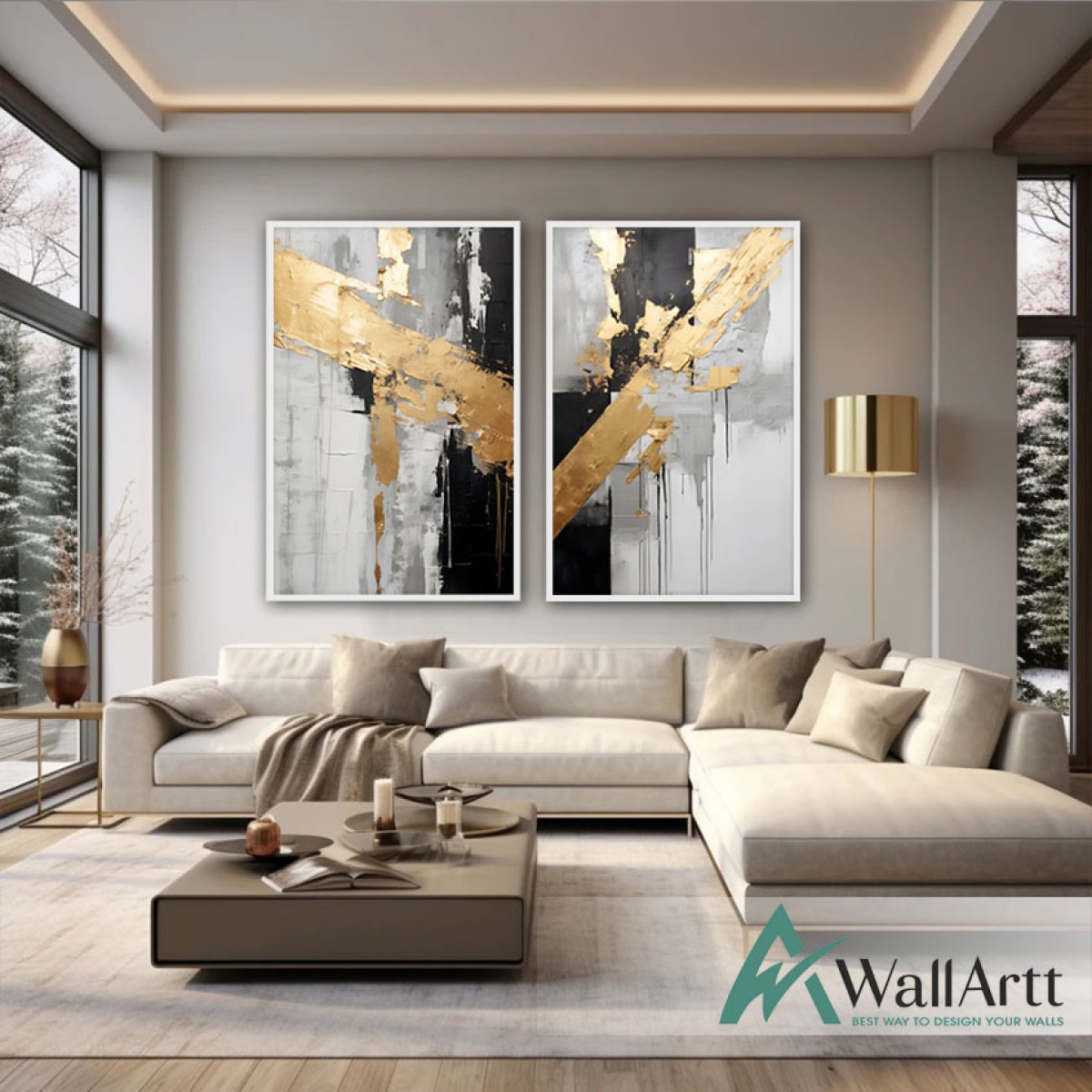 Black with Gold Foil 2 Piece 3d Heavy Textured Partial Oil Painting - Wall Art