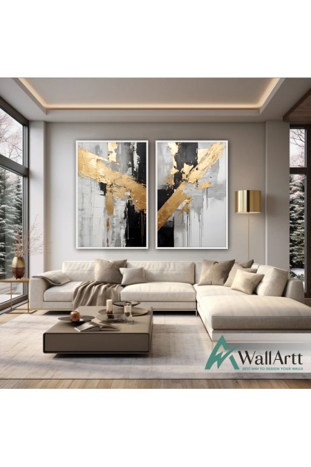 Black with Gold Foil 2 Piece 3d Heavy Textured Partial Oil Painting - Wall Art