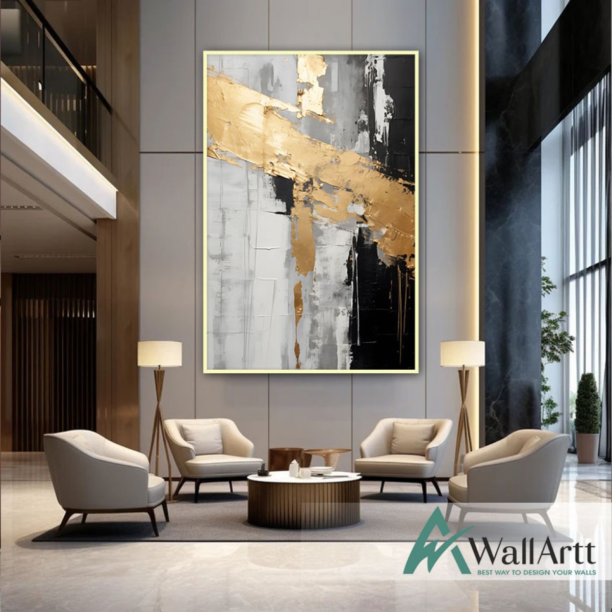 Black with Gold Foil 3d Heavy Textured Partial Oil Painting - Wall Art