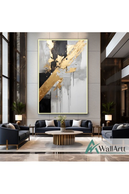 Abstract Black with Gold Foil II 3d Heavy Textured Partial Oil Painting - Wall Art