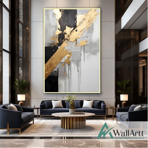 Abstract Black with Gold Foil II 3d Heavy Textured Partial Oil Painting - Wall Art