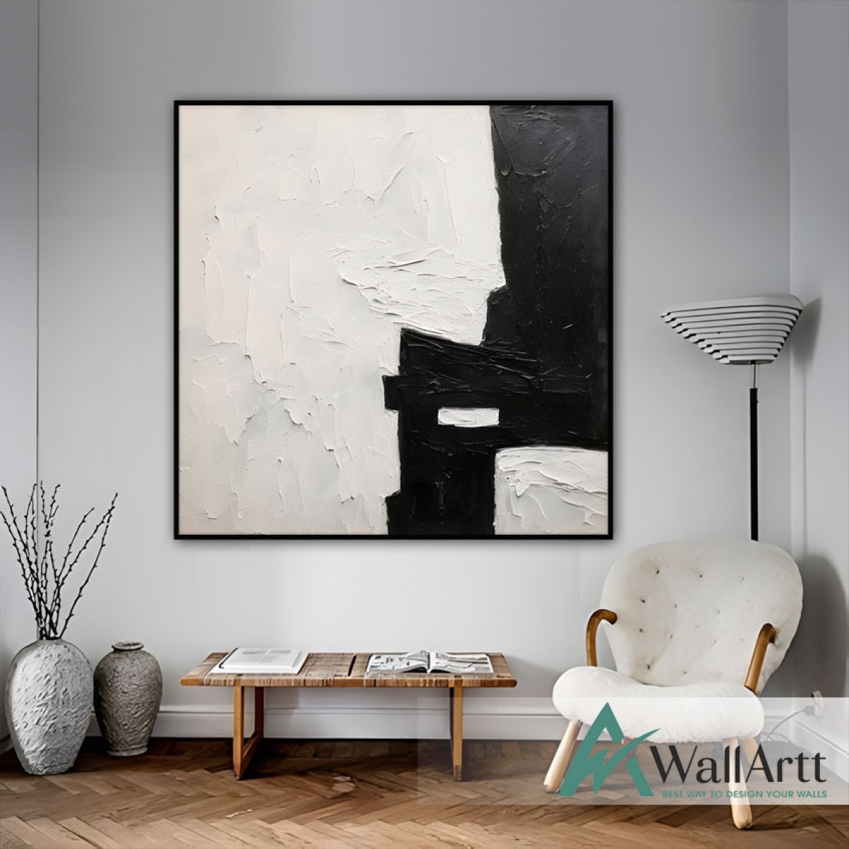 Black White Square Textured Partial Oil Painting - Wall Art