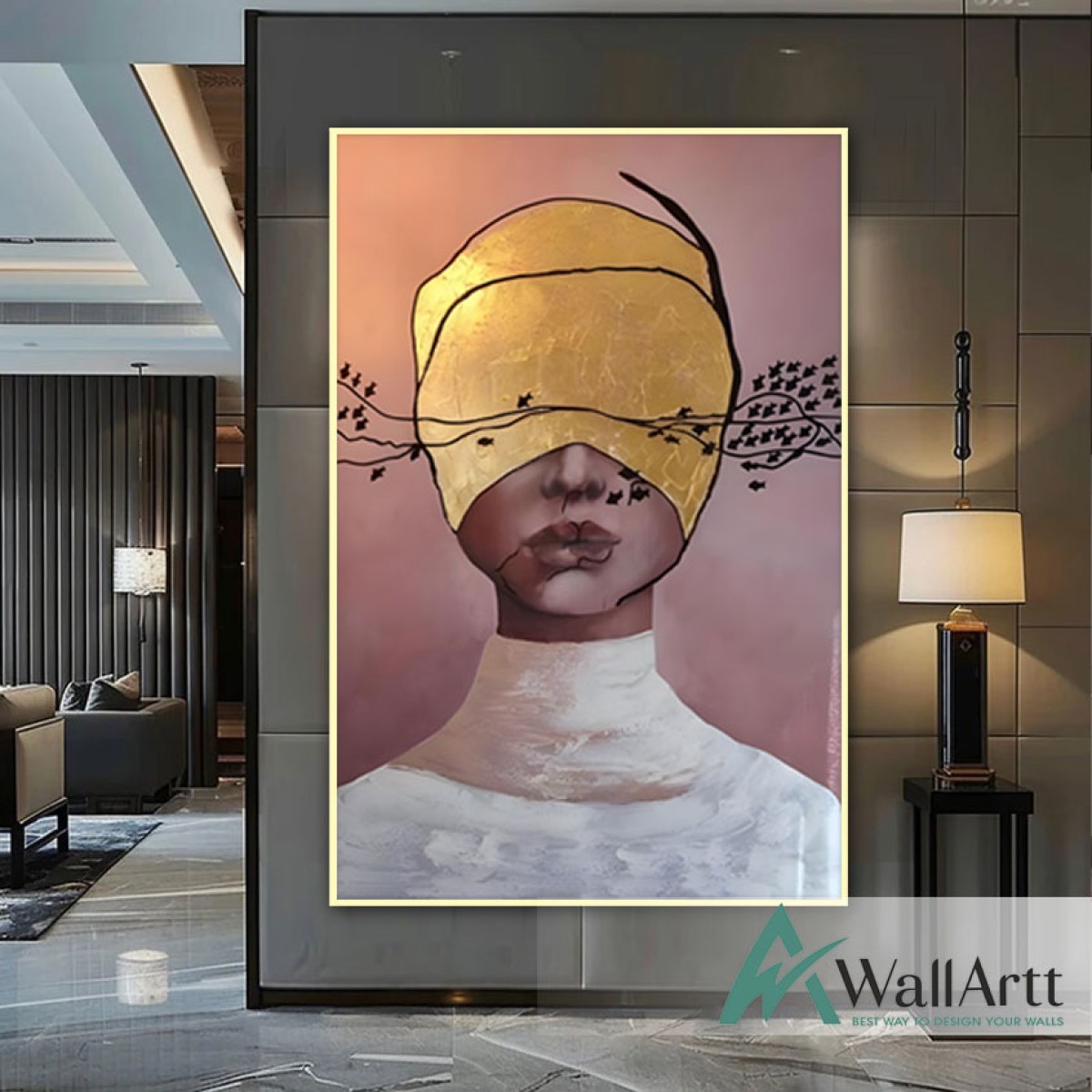 Gold Foil Woman Face Textured Partial Oil Painting - Wall Art 