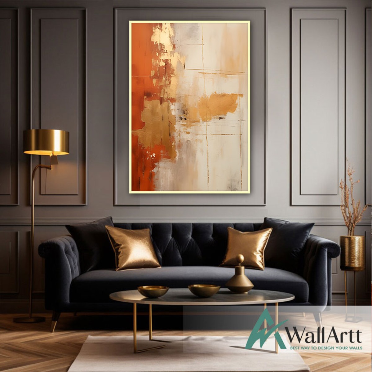 Gold Foil on Orange II Textured Partial Oil Painting - Wall Art