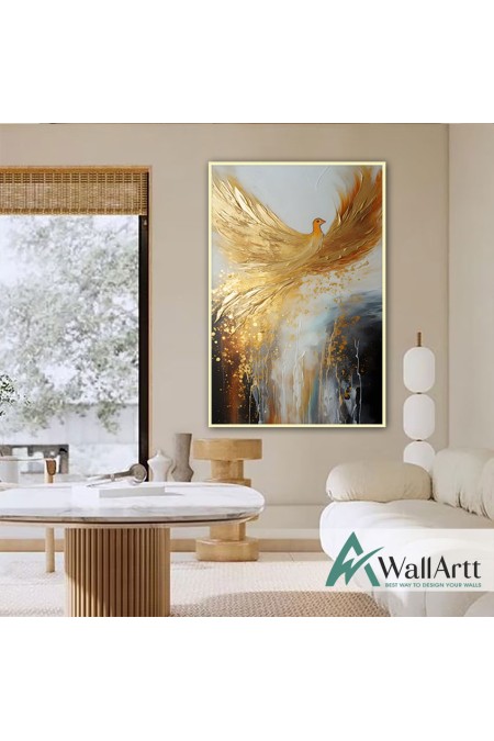 Bird with Gold Foil 3D Heavy Textured Partial Oil Painting - Wall Art