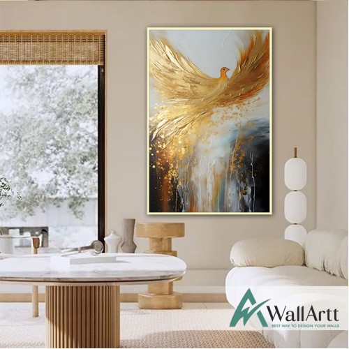 Bird with Gold Foil 3D Heavy Textured Partial Oil Painting - Wall Art