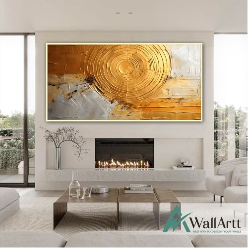 Orange Circle with Gold Foil 3d Heavy Textured Partial Oil Painting - Wall Art