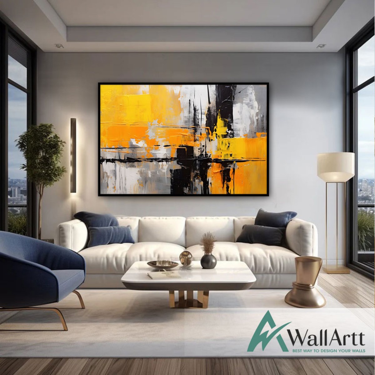 Abstract Yellow Orange Textured Partial Oil Painting - Wall Art