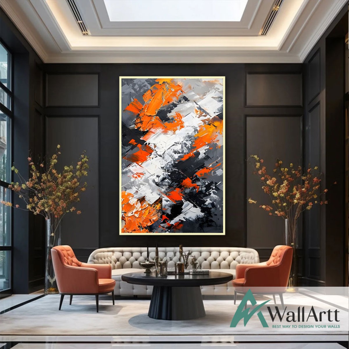 Orange with Black n White Textured Partial Oil Painting - Wall Art