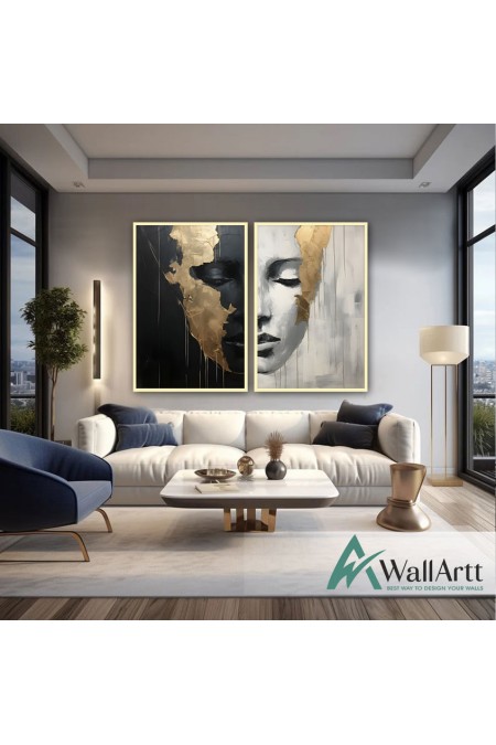 Abstract Women Face 2 Piece Textured Partial Oil Painting - Wall Art