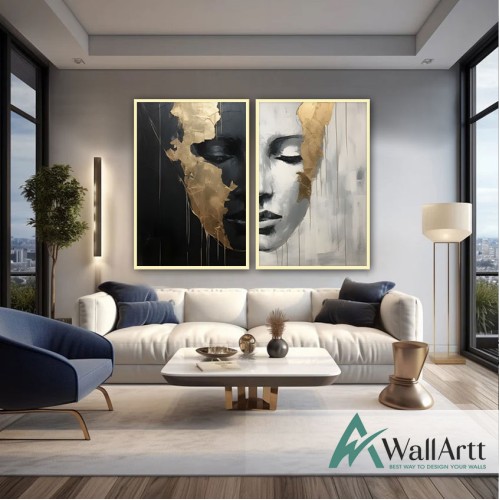 Abstract Women Face 2 Piece Textured Partial Oil Painting - Wall Art