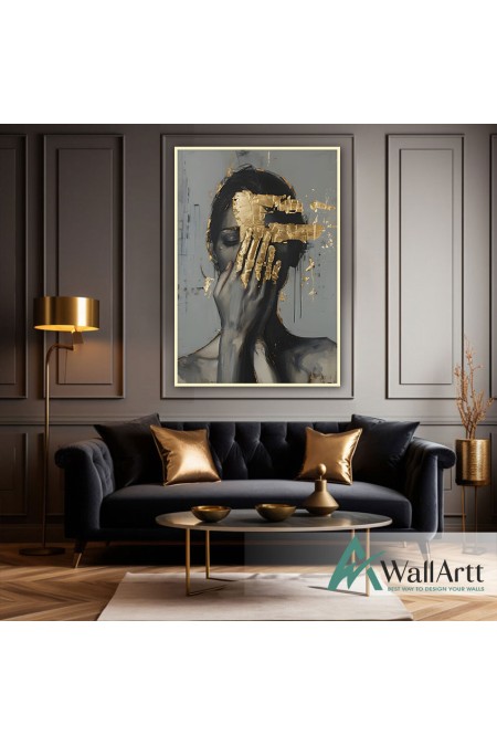 Woman Face with Gold Foil II Textured Partial Oil Painting - Wall Art