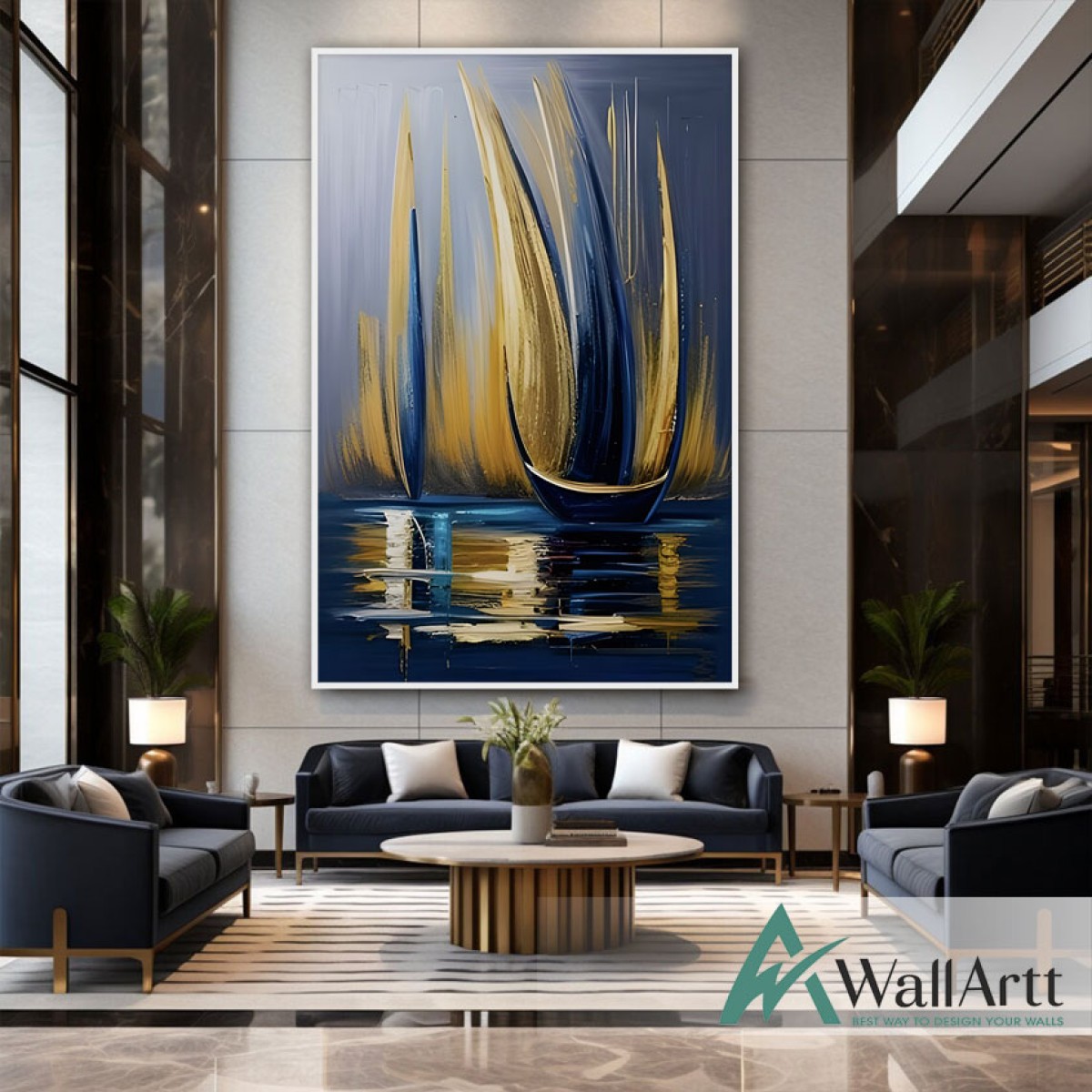 Navy Gold Boats Textured Partial Oil Painting - Wall Art