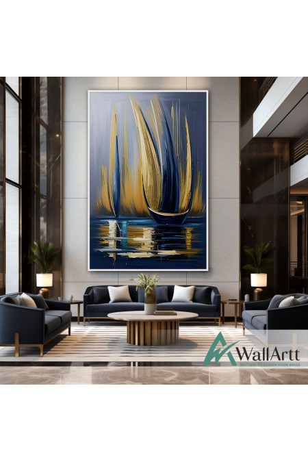 Navy Gold Boats Textured Partial Oil Painting - Wall Art