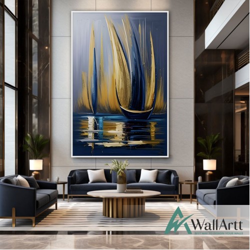 Navy Gold Boats Textured Partial Oil Painting - Wall Art