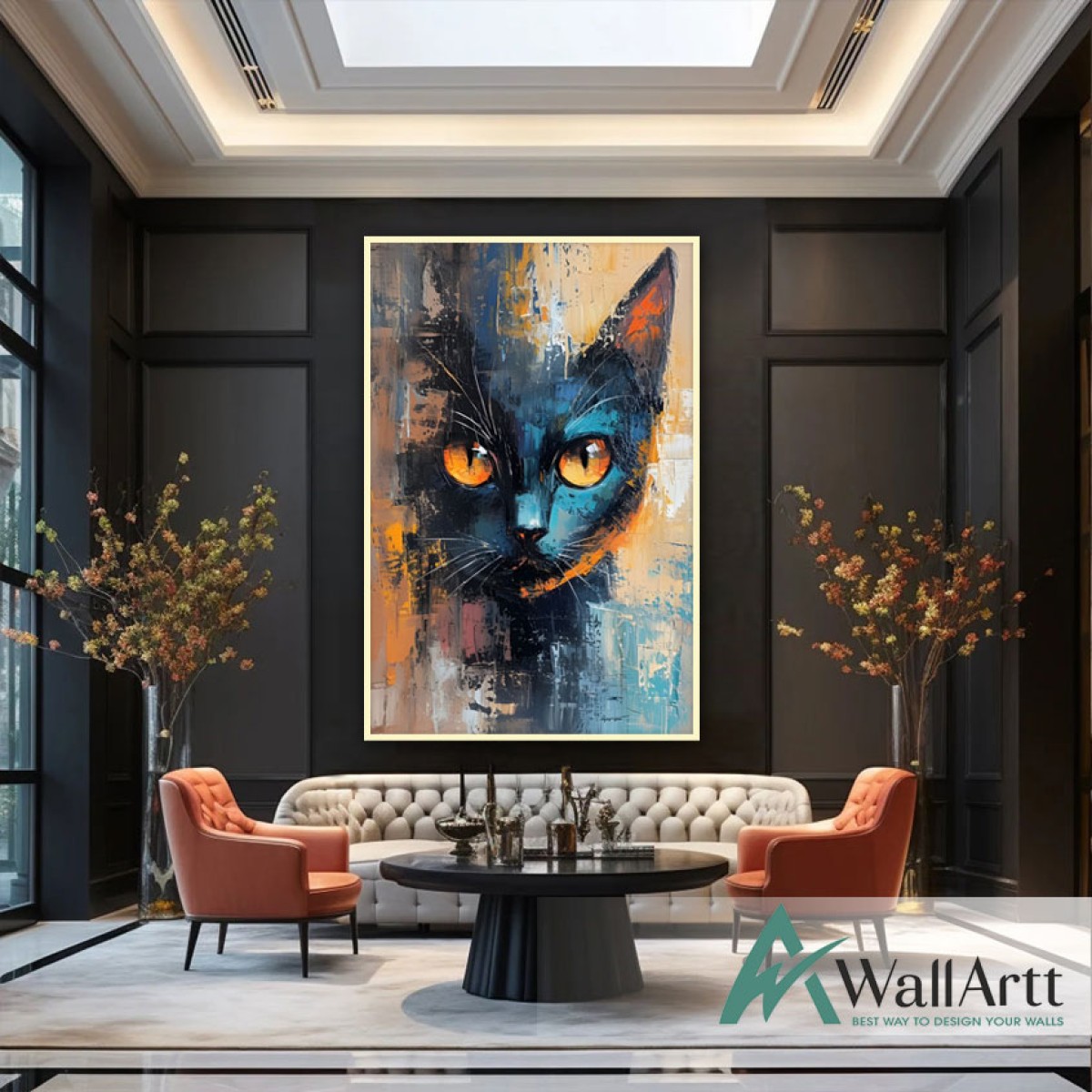 Abstract Blue Cat Textured Partial Oil Painting - Wall Art