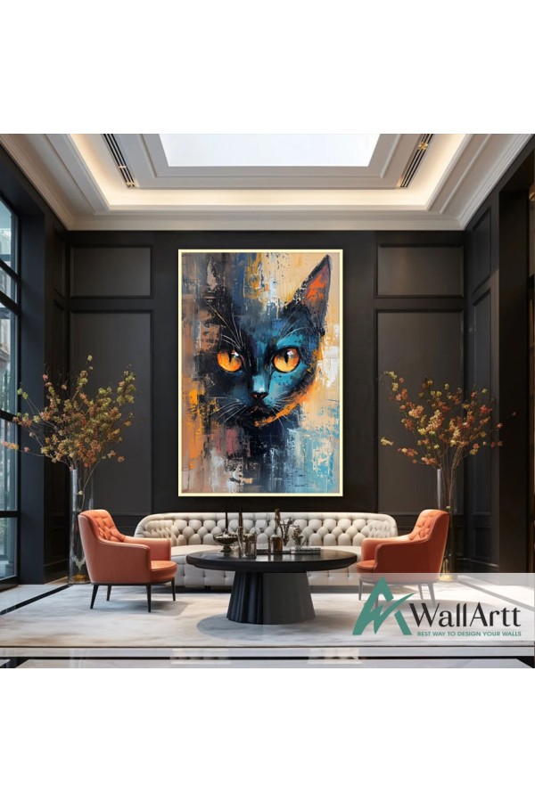 Abstract Blue Cat Textured Partial Oil Painting - Wall Art