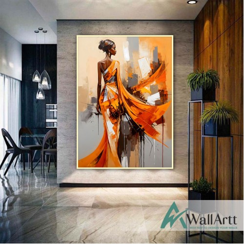 Orange Dressed Woman Textured Partial Oil Painting - Wall Art