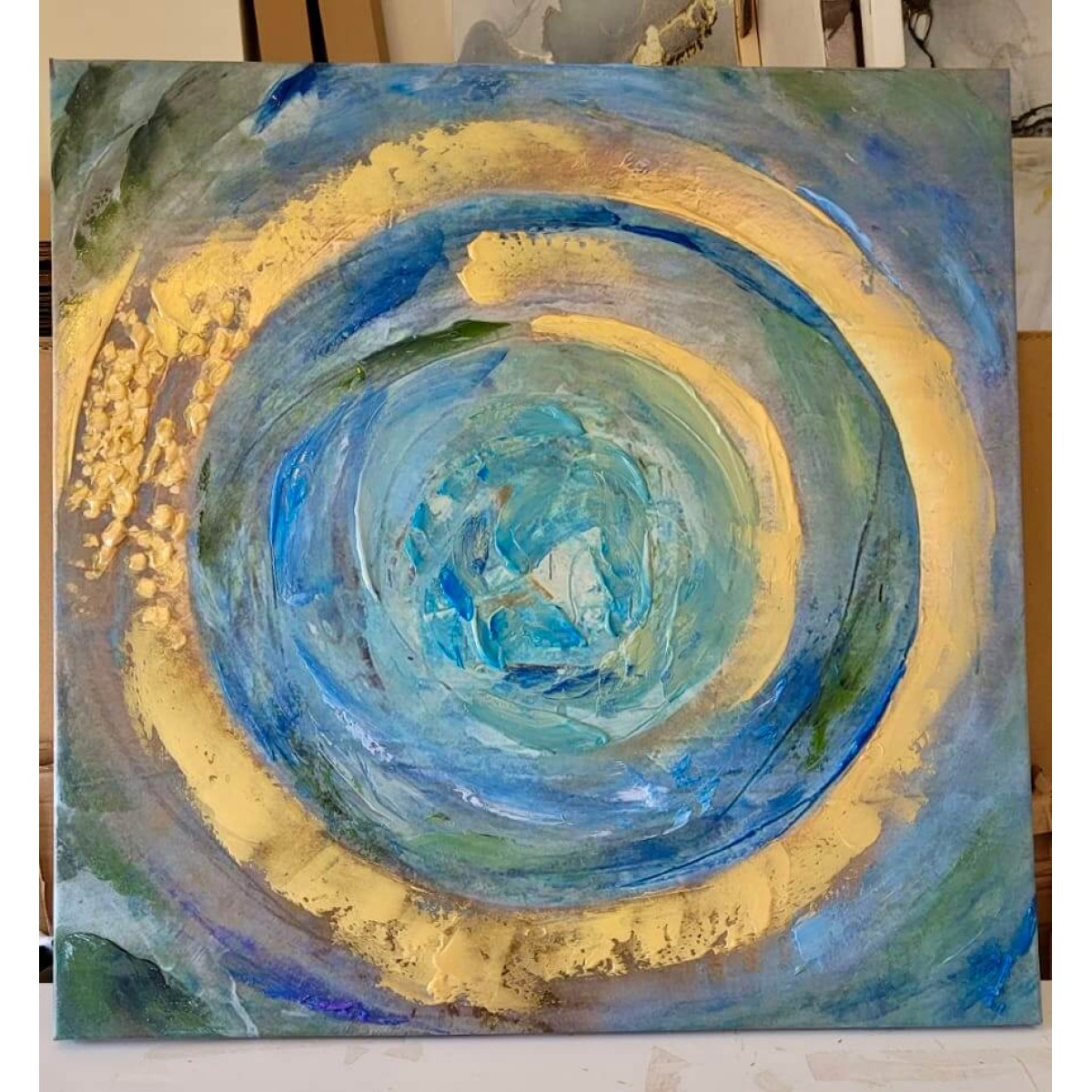 Abstract Blue Shell with Gold Foil Textured Partial Oil Painting