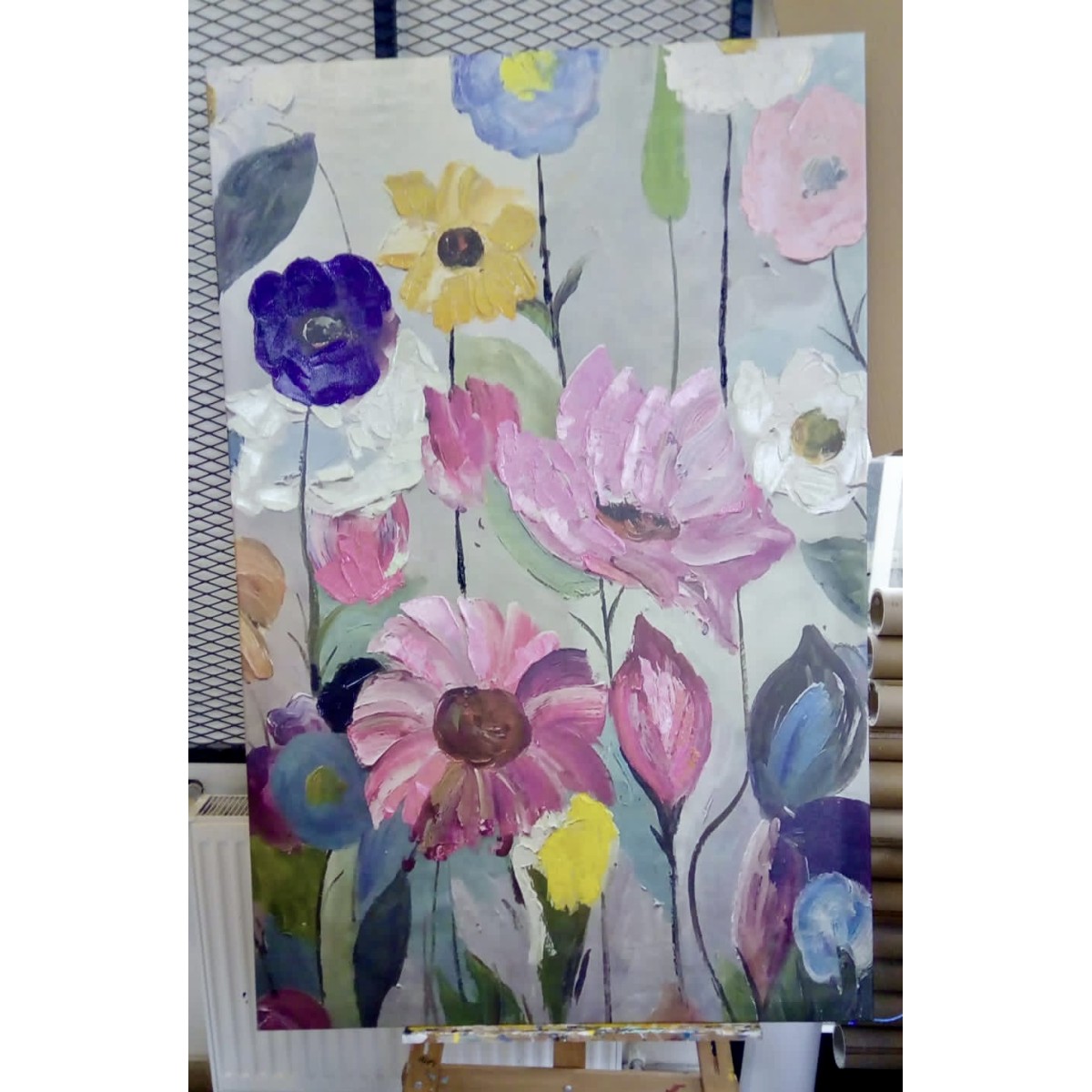Pink Blue Flowers Textured Partial Oil Painting