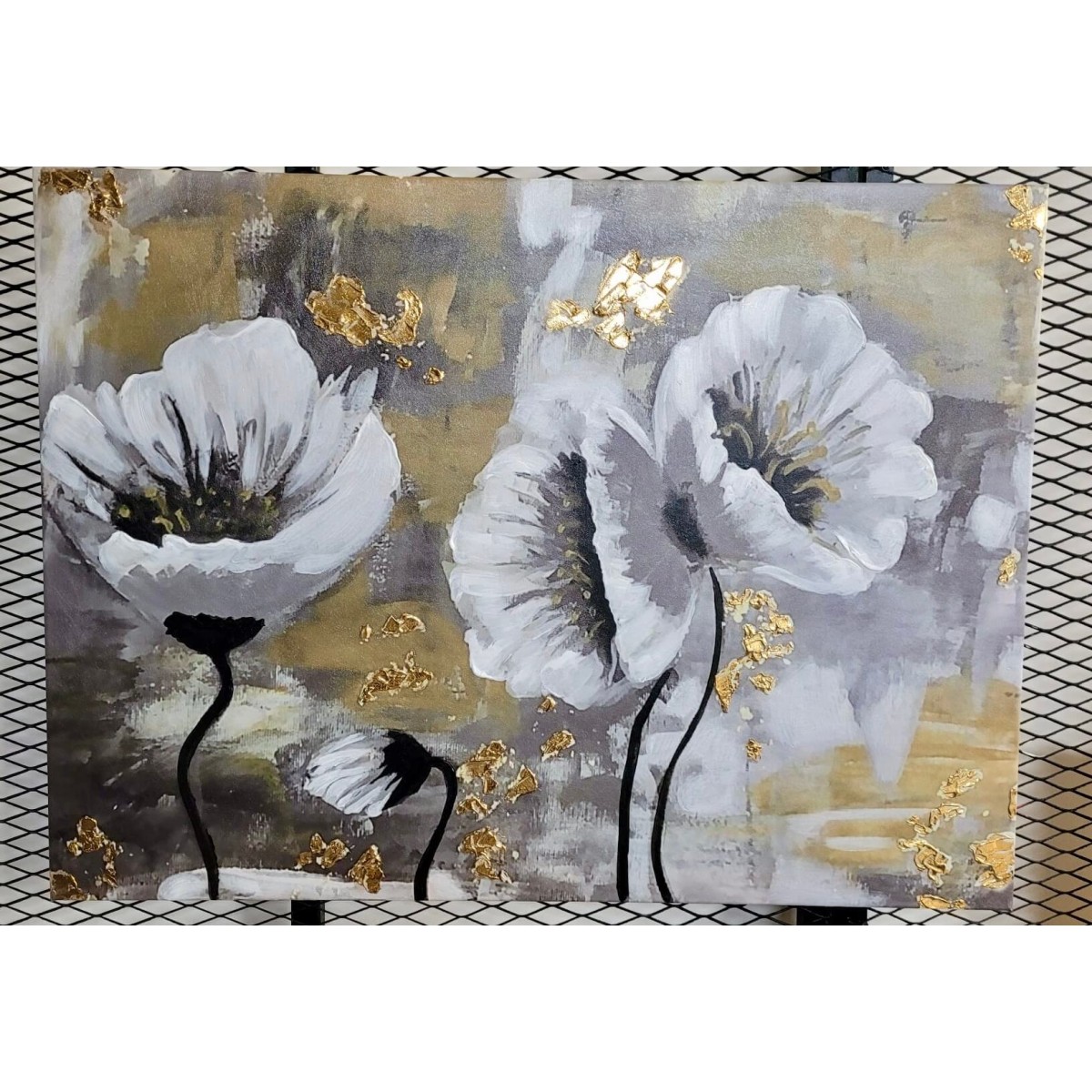 White Flowers with Gold Foil Textured Partial Oil Painting