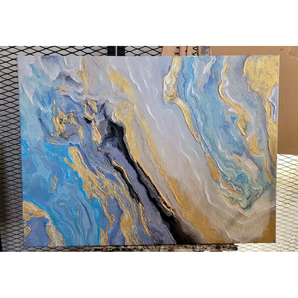 Abstract Gold Blue Marble Textured Partial Oil Painting