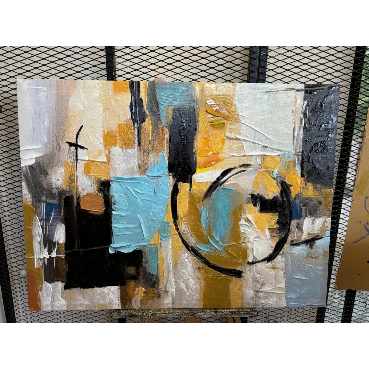 Baby Blue Black Textured Partial Oil Painting