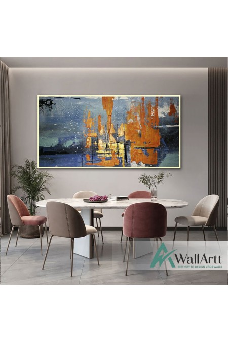 Abstract Gold Blue Textured Partial Oil Painting - Wall Art