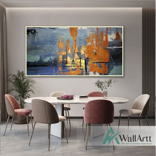 Abstract Gold Blue Textured Partial Oil Painting - Wall Art